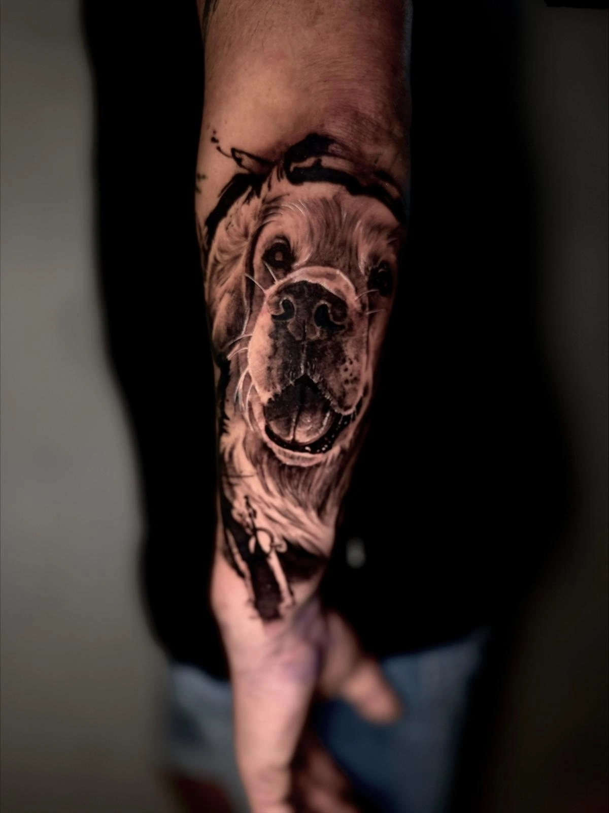Realistisches Hundeporträt als schwarzgraues Tattoo auf einem Unterarm